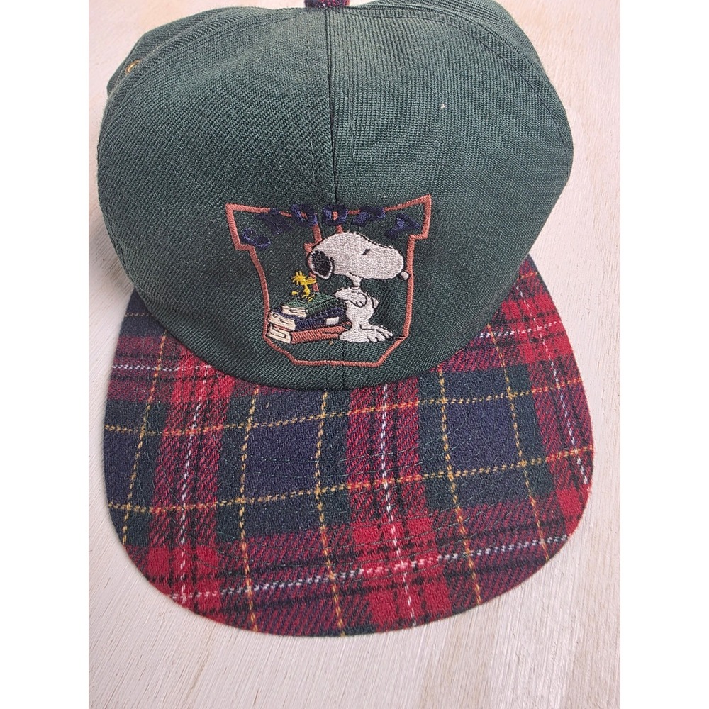Vintage Peanuts Snoopy Hat Fresh Caps Green Plaid Wool Blend Academia Y2K Hat